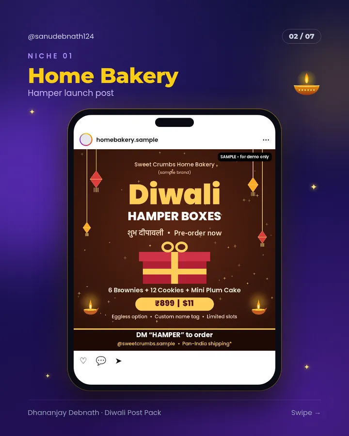 Sample design for a fictional brand: Diwali post — home bakery
