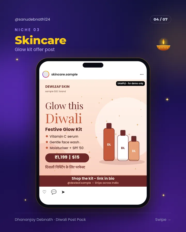 Sample design for a fictional brand: Diwali post — skincare