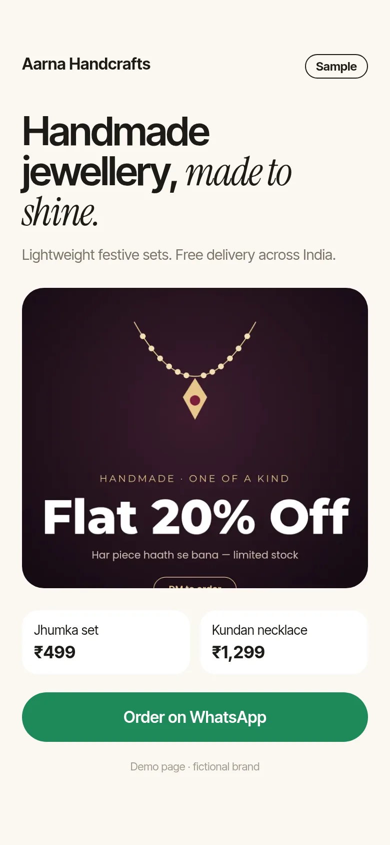Sample landing page for a fictional jewellery brand on a phone